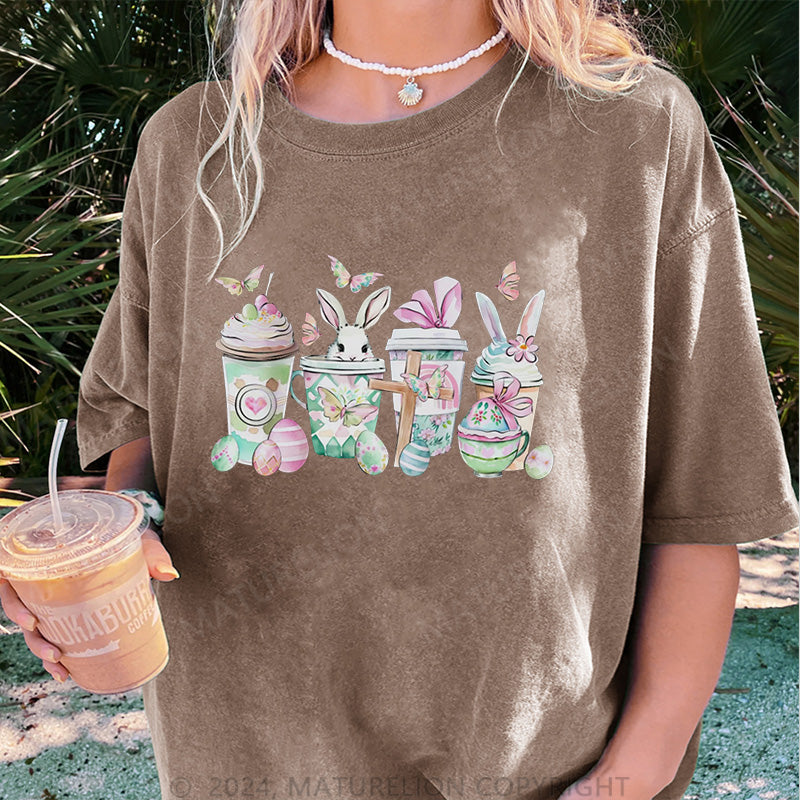 Maturelion Osterhase und Getränke Damen Gewaschene Vintage T-Shirt