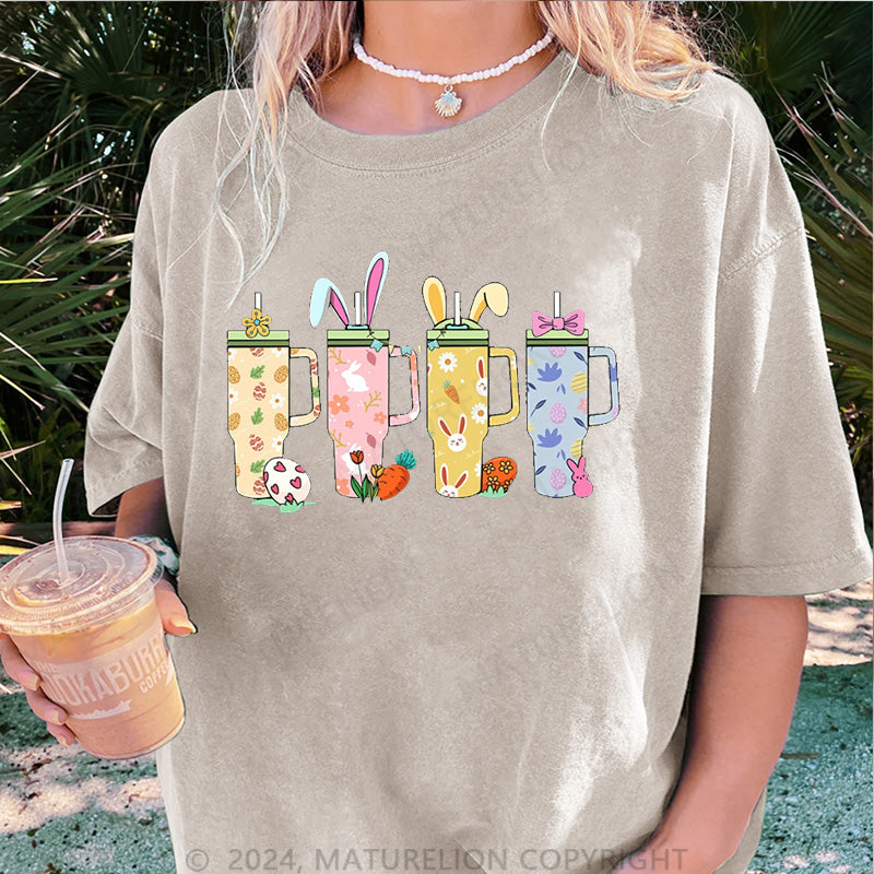 Maturelion Frohe Ostern und Getränke Damen Gewaschene Vintage T-Shirt