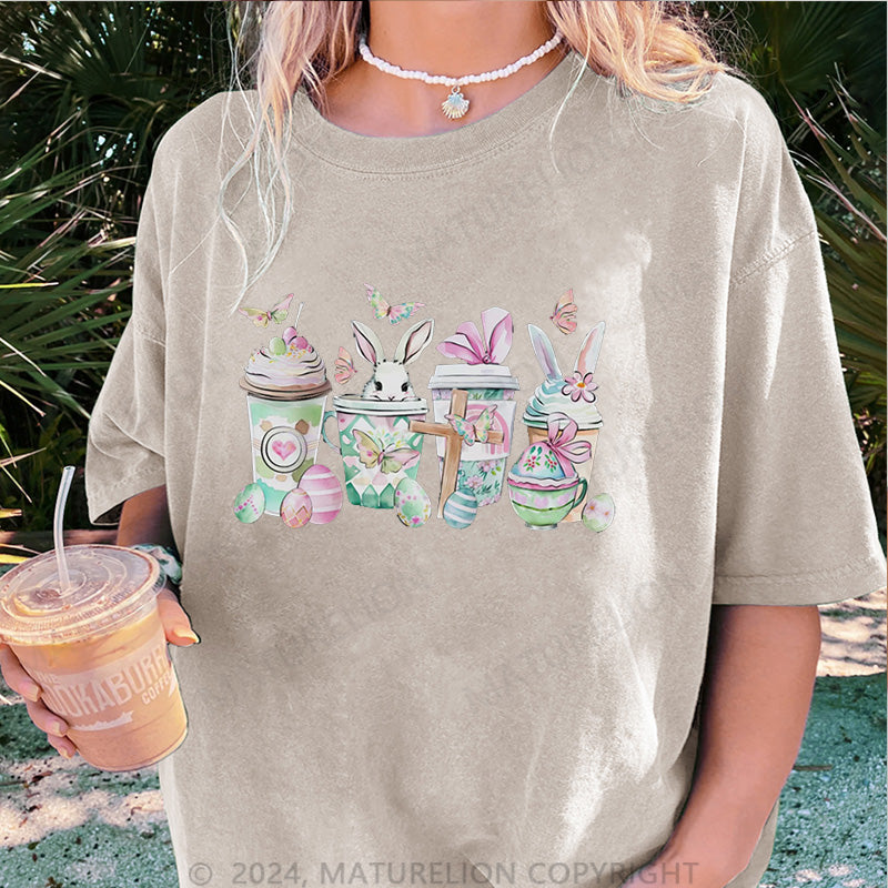 Maturelion Osterhase und Getränke Damen Gewaschene Vintage T-Shirt