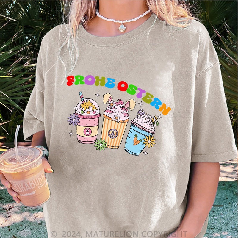 Maturelion Frohe Ostern und Getränke Damen Gewaschene Vintage T-Shirt