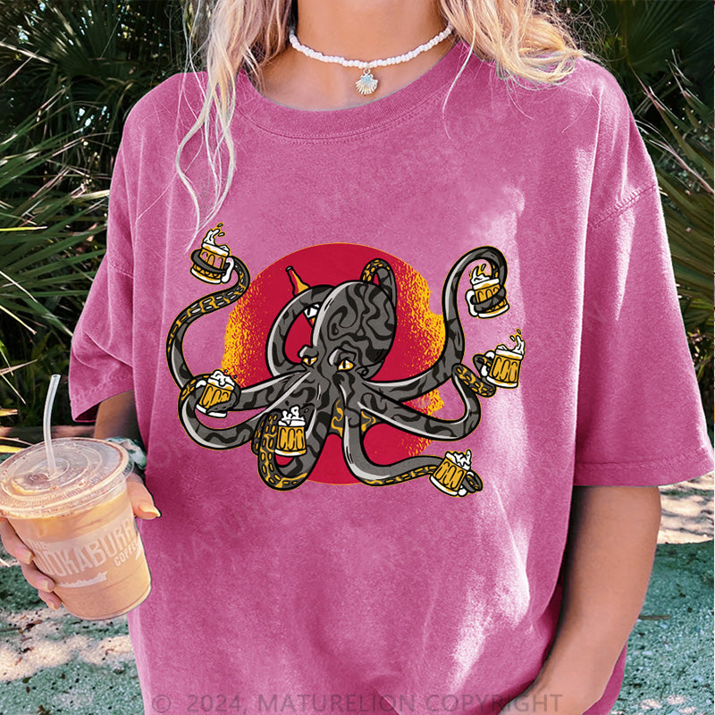 Maturelion Oktopus Und Bier Damen Gewaschene Vintage T-Shirt