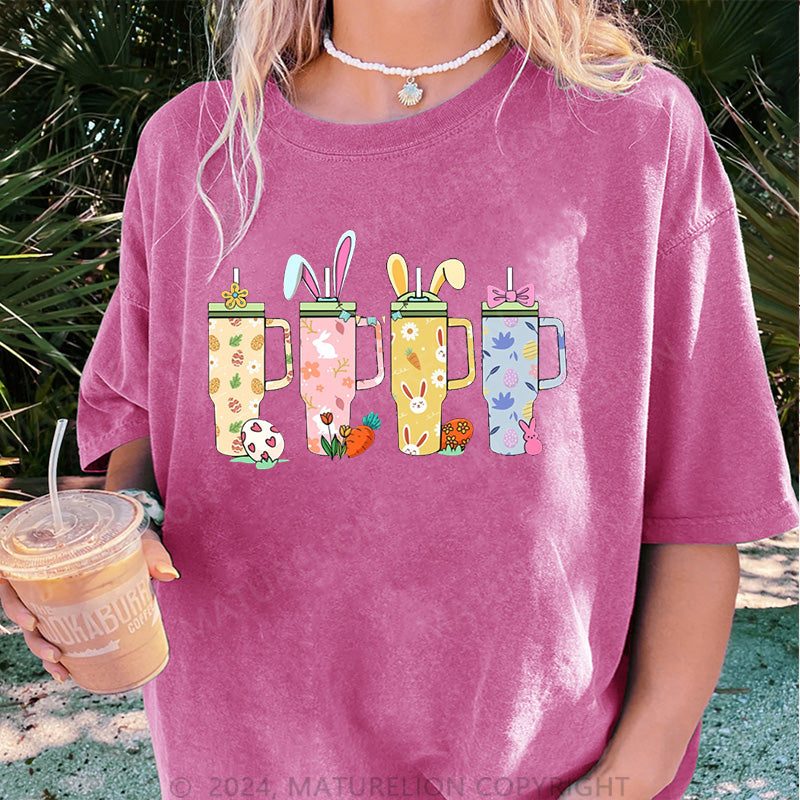 Maturelion Frohe Ostern und Getränke Damen Gewaschene Vintage T-Shirt