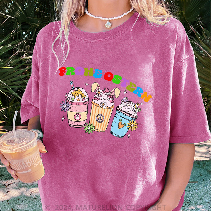 Maturelion Frohe Ostern und Getränke Damen Gewaschene Vintage T-Shirt