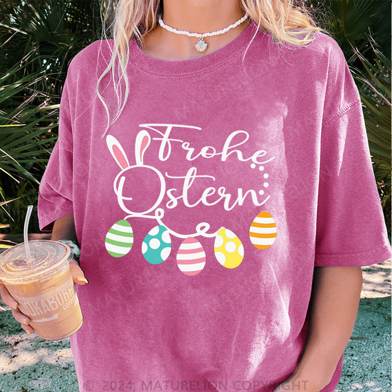 Maturelion Frohe Ostern und Ostereier Damen Gewaschene Vintage T-Shirt