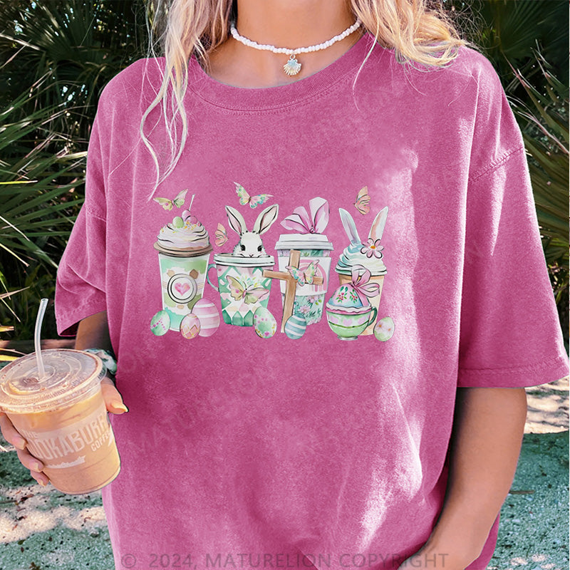 Maturelion Osterhase und Getränke Damen Gewaschene Vintage T-Shirt